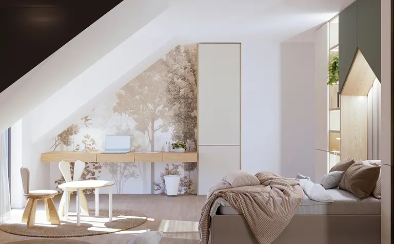 Wnętrze poddasza w stylu boho i współczesnym z drewnianym biurkiem.