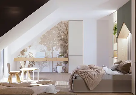 Wnętrze poddasza w stylu boho i współczesnym z drewnianym biurkiem.