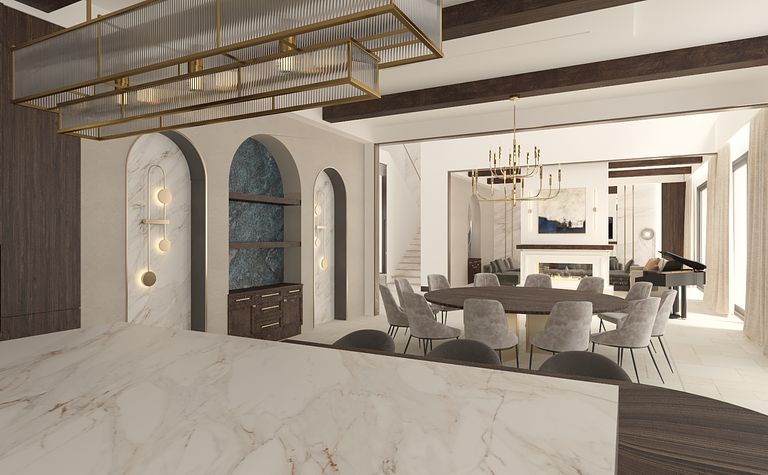 Wnętrze jadalni w stylu eklektycznym z elementami glamour i quiet luxury.