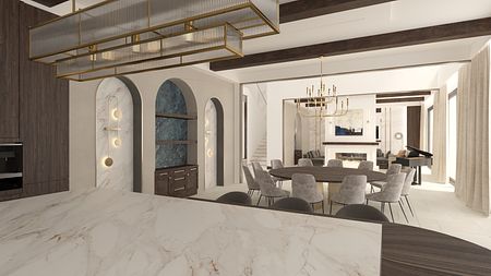 Wnętrze jadalni w stylu eklektycznym z elementami glamour i quiet luxury.