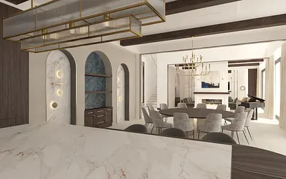 Wnętrze jadalni w stylu eklektycznym z elementami glamour i quiet luxury.