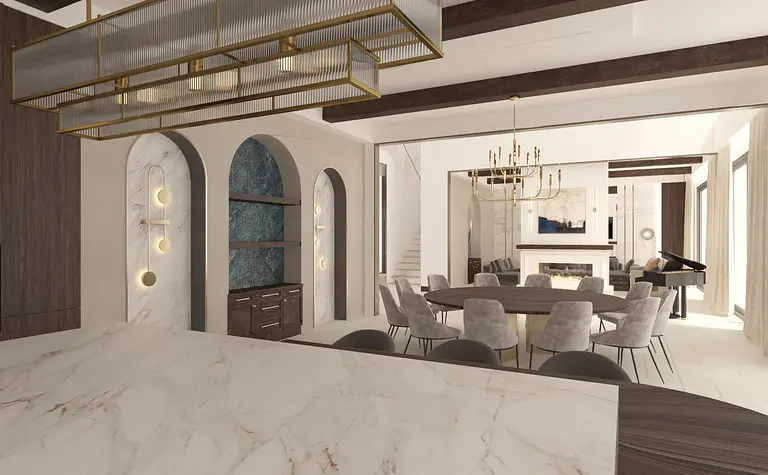Wnętrze jadalni w stylu eklektycznym z elementami glamour i quiet luxury.