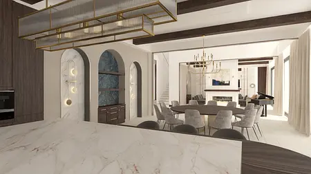 Wnętrze jadalni w stylu eklektycznym z elementami glamour i quiet luxury.