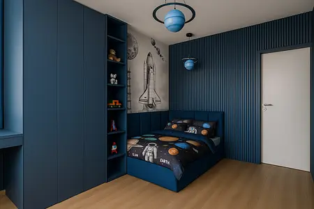 Pokój dziecięcy z niebieskimi meblami i motywem kosmicznym, nowoczesny design.