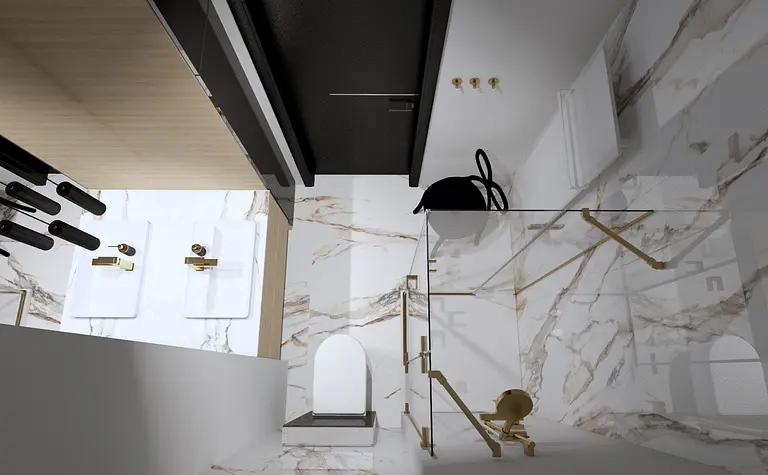 Wnętrze łazienki z marmurowymi płytkami, złotymi elementami oraz nowoczesnym designem.