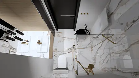 Wnętrze łazienki z marmurowymi płytkami, złotymi elementami oraz nowoczesnym designem.