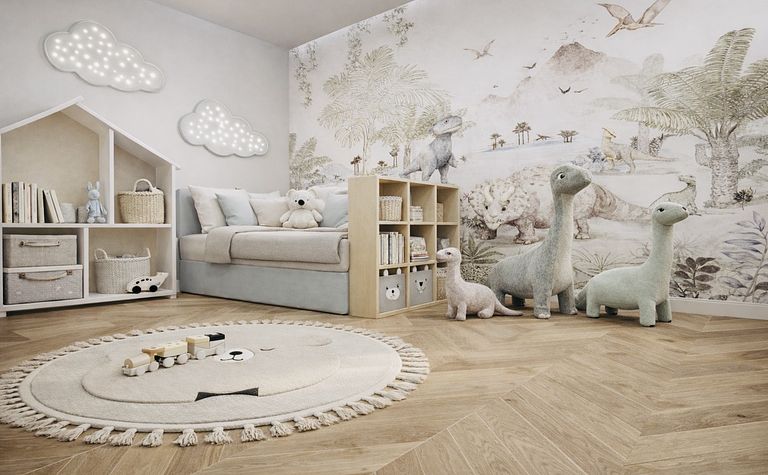 Pokój dziecięcy w stylu minimalistycznym z miękkimi zabawkami