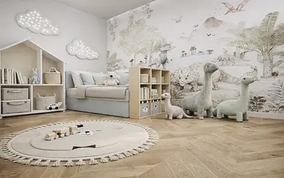 Pokój dziecięcy w stylu minimalistycznym z miękkimi zabawkami