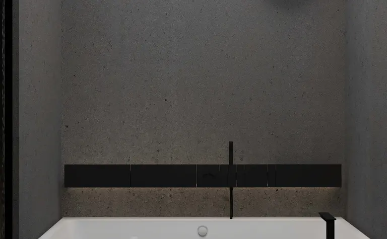 Wnętrze łazienki z betonowymi ścianami i wanną w stylu industrialnym i minimalistycznym.