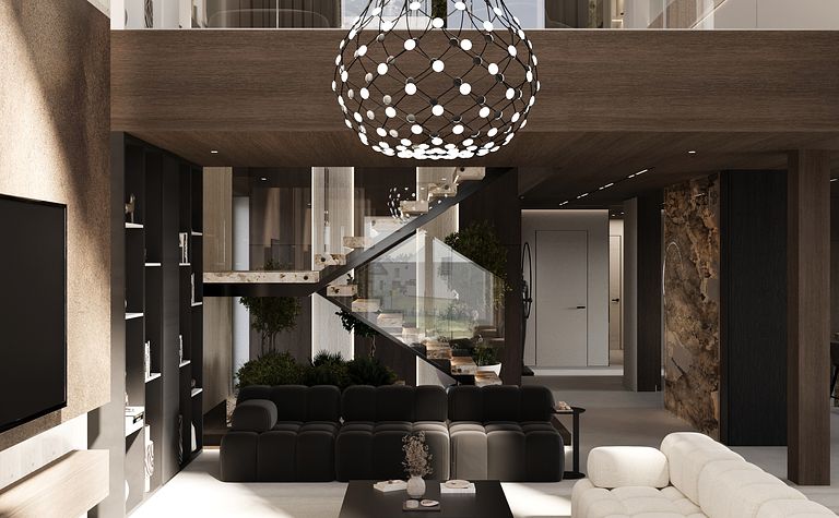 Wnętrze salonu w stylu minimaluxe z nowoczesnym oświetleniem i drewnianymi akcentami.