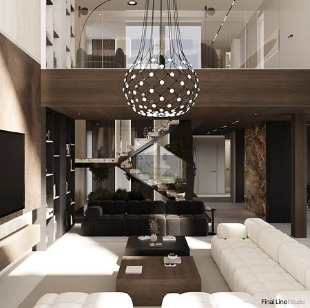 Wnętrze salonu w stylu minimaluxe z nowoczesnym oświetleniem i drewnianymi akcentami.