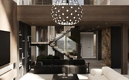 Wnętrze salonu w stylu minimaluxe z nowoczesnym oświetleniem i drewnianymi akcentami.