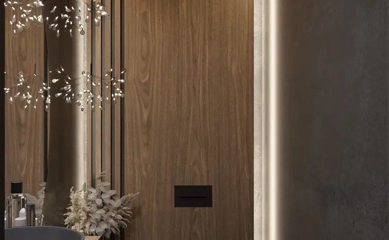 Wnętrze łazienki z drewnianymi elementami, minimalistyczne i współczesne