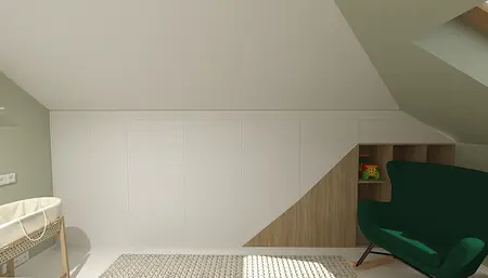 Wnętrze poddasza z białymi meblami, zielonym fotelem i drewnianymi akcentami.