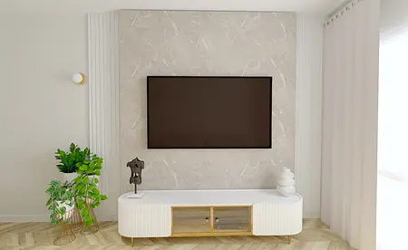 Wnętrze salonu z telewizorem, białym meblem i roślinami