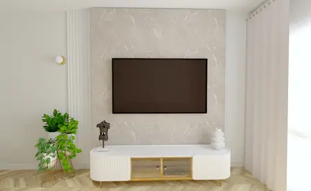 Wnętrze salonu z telewizorem, białym meblem i roślinami
