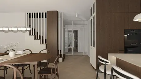 Wnętrze kuchni z drewnianymi meblami, minimalistyczne i nowoczesne elementy.
