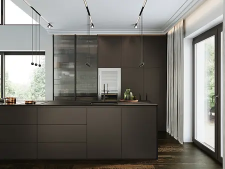 Kuchnia w stylu minimalistycznym z ciemnymi meblami i dużymi oknami, nowoczesny design