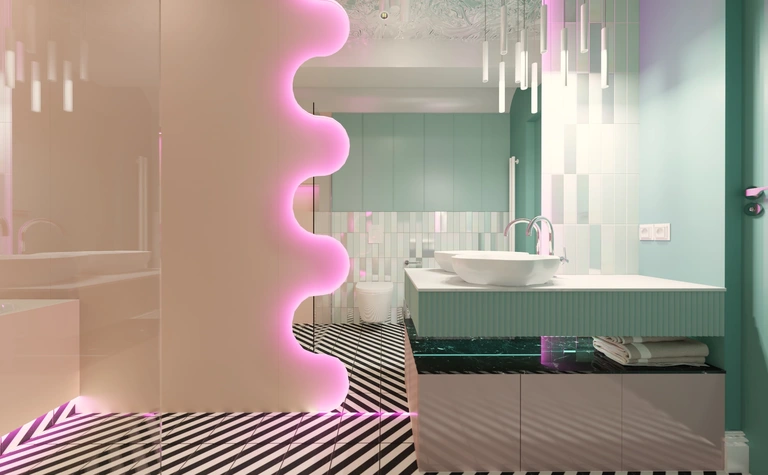 Nowoczesna łazienka w stylu dopamine decor z eklektycznymi akcentami.