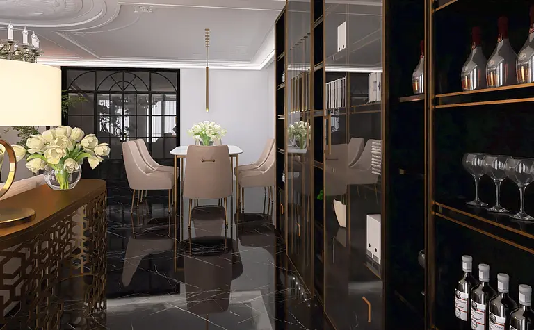 Wnętrze jadalni w stylu art deco i glamour z czarnym blatem i beżowymi krzesłami.