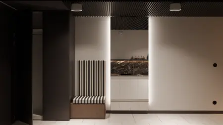 Wnętrze kuchni z minimalistycznym designem i nowoczesnymi akcentami.