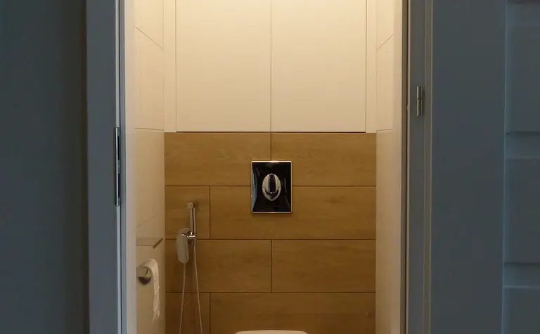 Minimalistyczna toaleta z białymi płytkami i drewnianym wykończeniem.