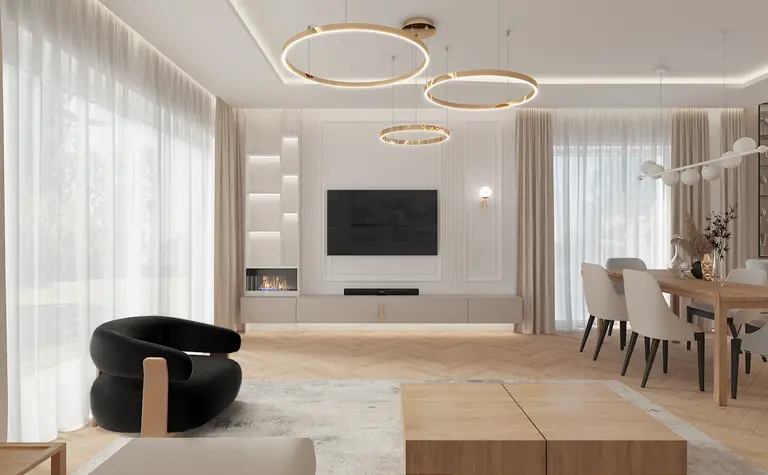 Wnętrze salonu z dużymi oknami, drewnianym stołem i czarnym fotelem, styl dopamine decor.