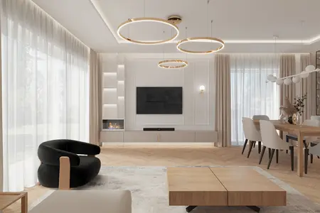 Wnętrze salonu z dużymi oknami, drewnianym stołem i czarnym fotelem, styl dopamine decor.