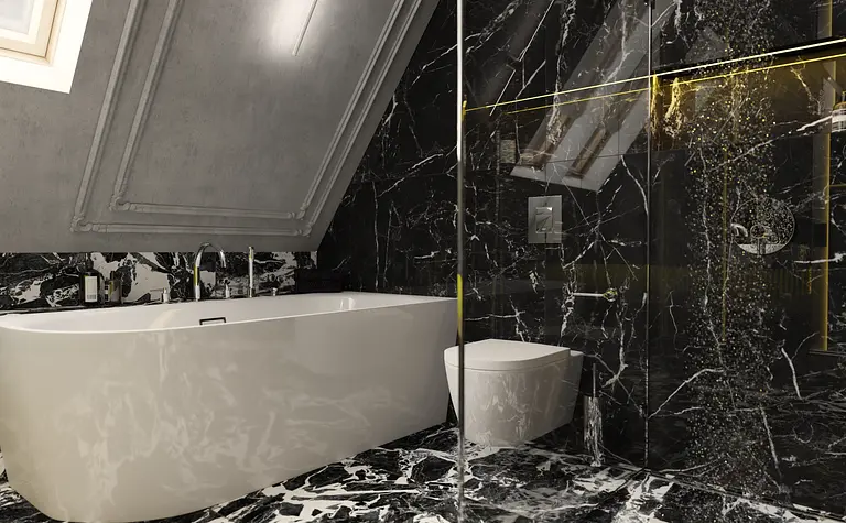Nowoczesna łazienka z czarnym marmurem, wanną i prysznicem w stylu dopamine decor i eklektycznym.