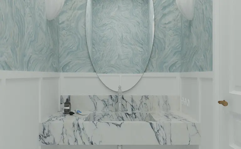 Nowoczesna łazienka z marmurową umywalką i niebieską tapetą w stylu art deco, minimaluxe, quiet luxury.