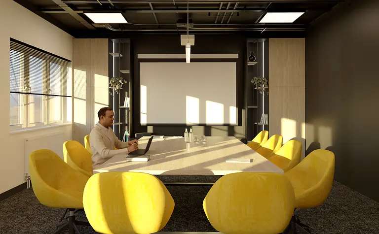 Sala konferencyjna z żółtymi krzesłami i drewnianym stołem w stylu industrialnym.