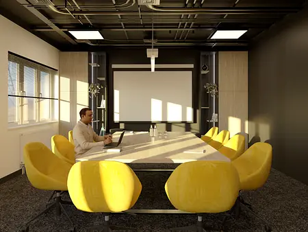 Sala konferencyjna z żółtymi krzesłami i drewnianym stołem w stylu industrialnym.