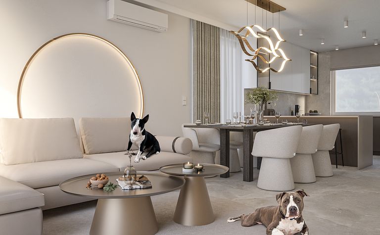 Wnętrze salonu z jasnymi meblami i nowoczesnym oświetleniem, przytulne i funkcjonalne.