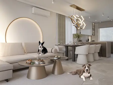 Wnętrze salonu z jasnymi meblami i nowoczesnym oświetleniem, przytulne i funkcjonalne.