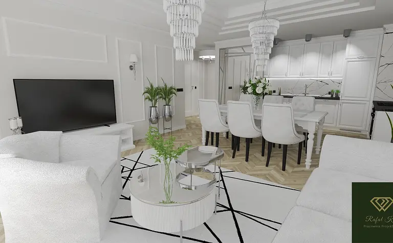 Wnętrze salonu z białymi meblami, drewnianą podłogą i roślinami w glamour.