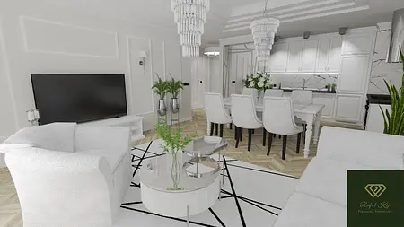 Wnętrze salonu z białymi meblami, drewnianą podłogą i roślinami w glamour.