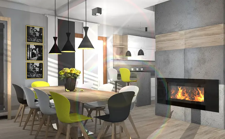 Wnętrze jadalni z drewnianym stołem i nowoczesnymi krzesłami w stylu dopamine decor, japandi, soft minimalizm.