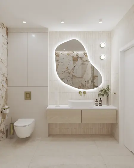 Nowoczesna łazienka z minimalistycznymi meblami i marmurową ścianą. Quiet luxury.
