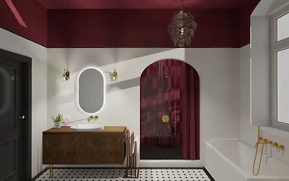 Wnętrze łazienki z elementami art deco i vintage. Czerwone akcenty.