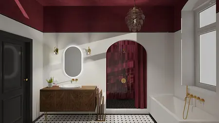 Wnętrze łazienki z elementami art deco i vintage. Czerwone akcenty.