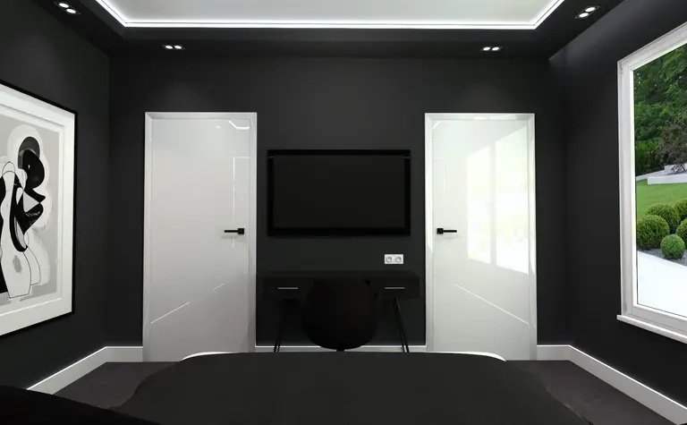 Wnętrze sypialni z minimalistycznym designem, nowoczesnymi meblami i elementami quiet luxury.