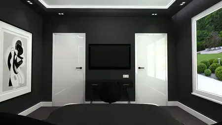 Wnętrze sypialni z minimalistycznym designem, nowoczesnymi meblami i elementami quiet luxury.