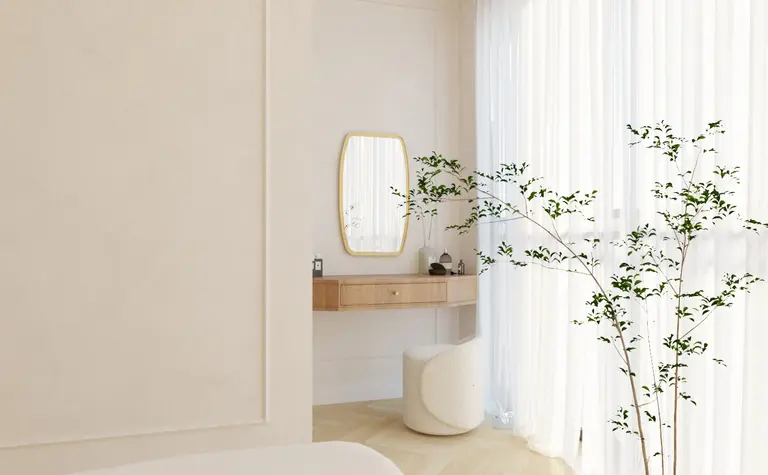Wnętrze sypialni z biurkiem, lustrem i rośliną w stylu art deco, minimalistycznym i tradycyjnym.