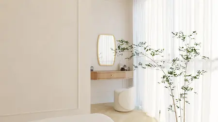 Wnętrze sypialni z biurkiem, lustrem i rośliną w stylu art deco, minimalistycznym i tradycyjnym.