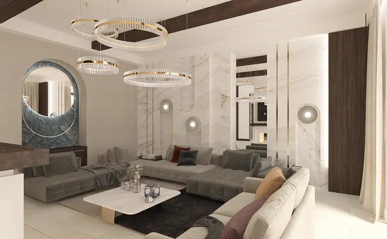 Wnętrze salonu w stylu eklektycznym z elementami glamour i quiet luxury.