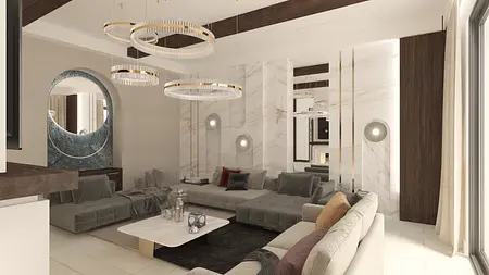 Wnętrze salonu w stylu eklektycznym z elementami glamour i quiet luxury.
