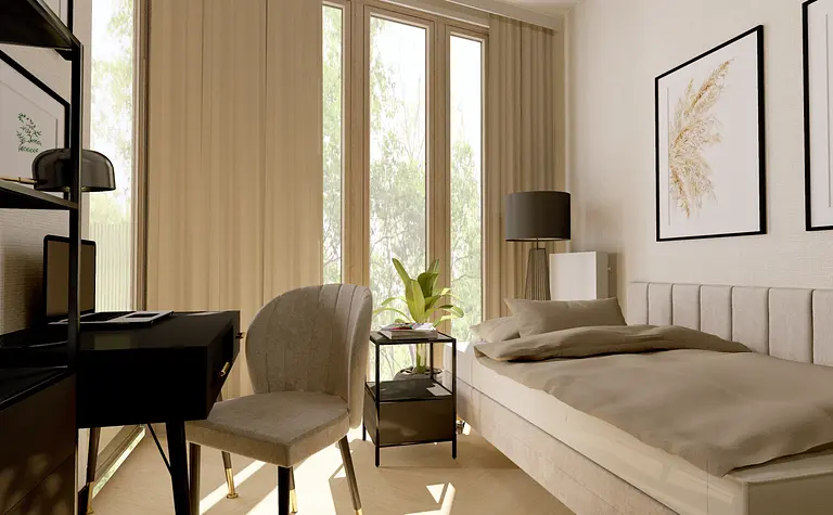 Wnętrze sypialni z dużymi oknami, minimalistycznymi meblami, art deco i quiet luxury.