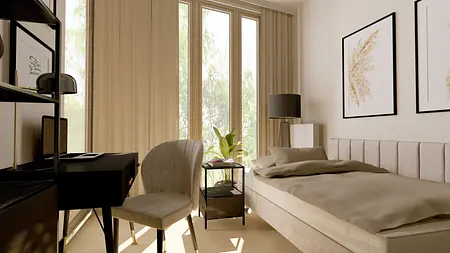 Wnętrze sypialni z dużymi oknami, minimalistycznymi meblami, art deco i quiet luxury.