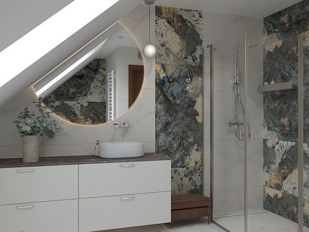 Wnętrze łazienki z okrągłym lustrem, prysznicem i minimalistycznym designem.