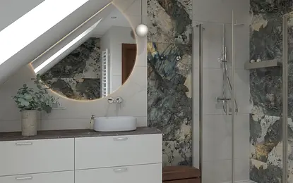 Wnętrze łazienki z okrągłym lustrem, prysznicem i minimalistycznym designem.